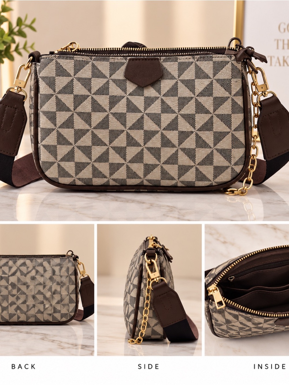 Stylish Geometric Crossbody Bag in Brown and Cream